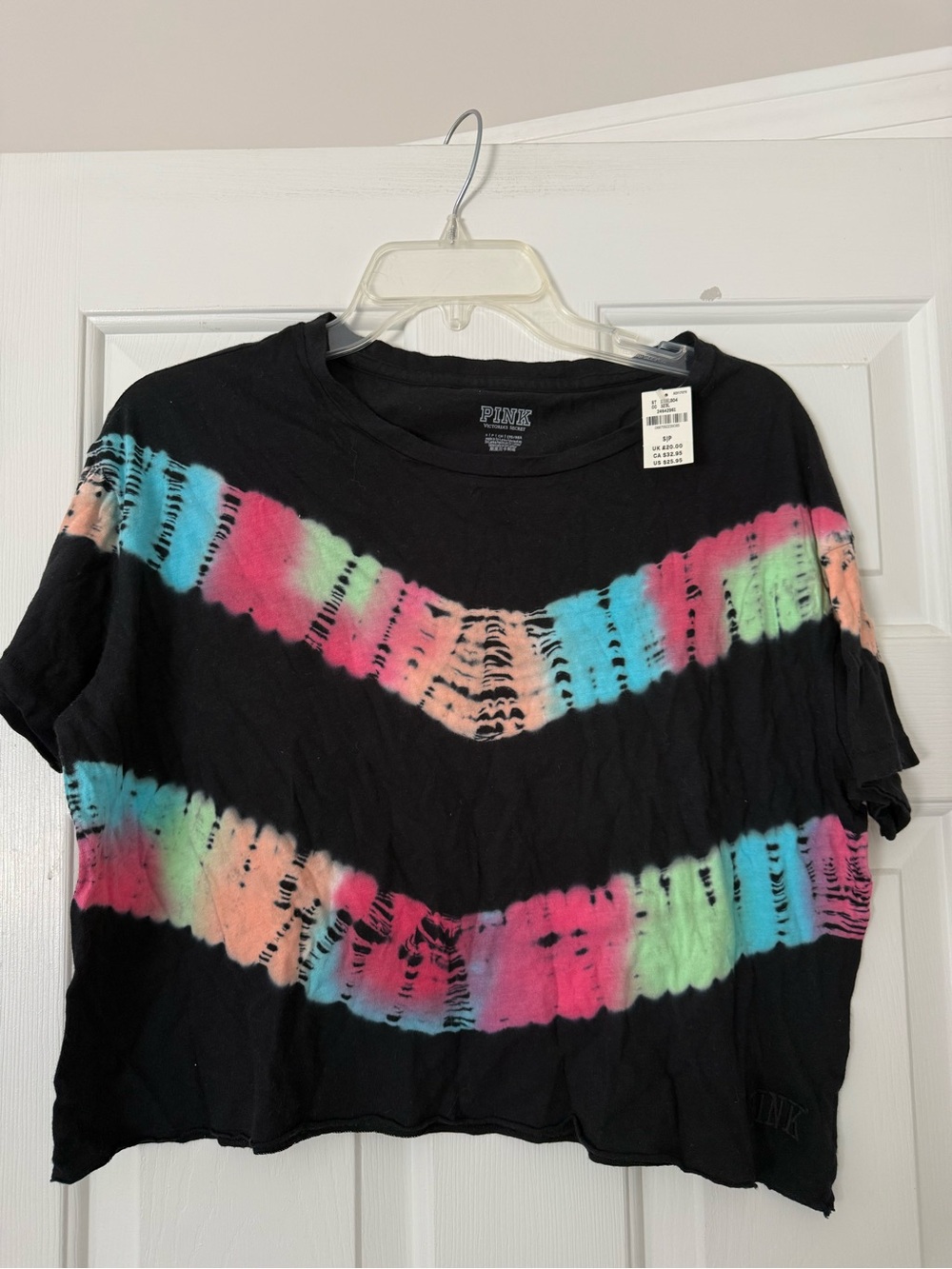 PINK Victoria's Secret Black Crop Tee with Rainbow Chevron Tie-Dye